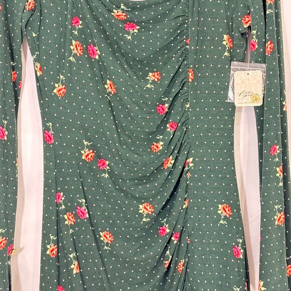 NWT Free People “Celia” Mini Dress green Dot & Floral Print,Bell Sleeves, XS - Picture 6 of 6